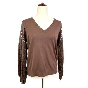 Adrianna Papell V-Neck Knit Sweater. Sequin Puff Sleeves. Brown Size M #606. NWT